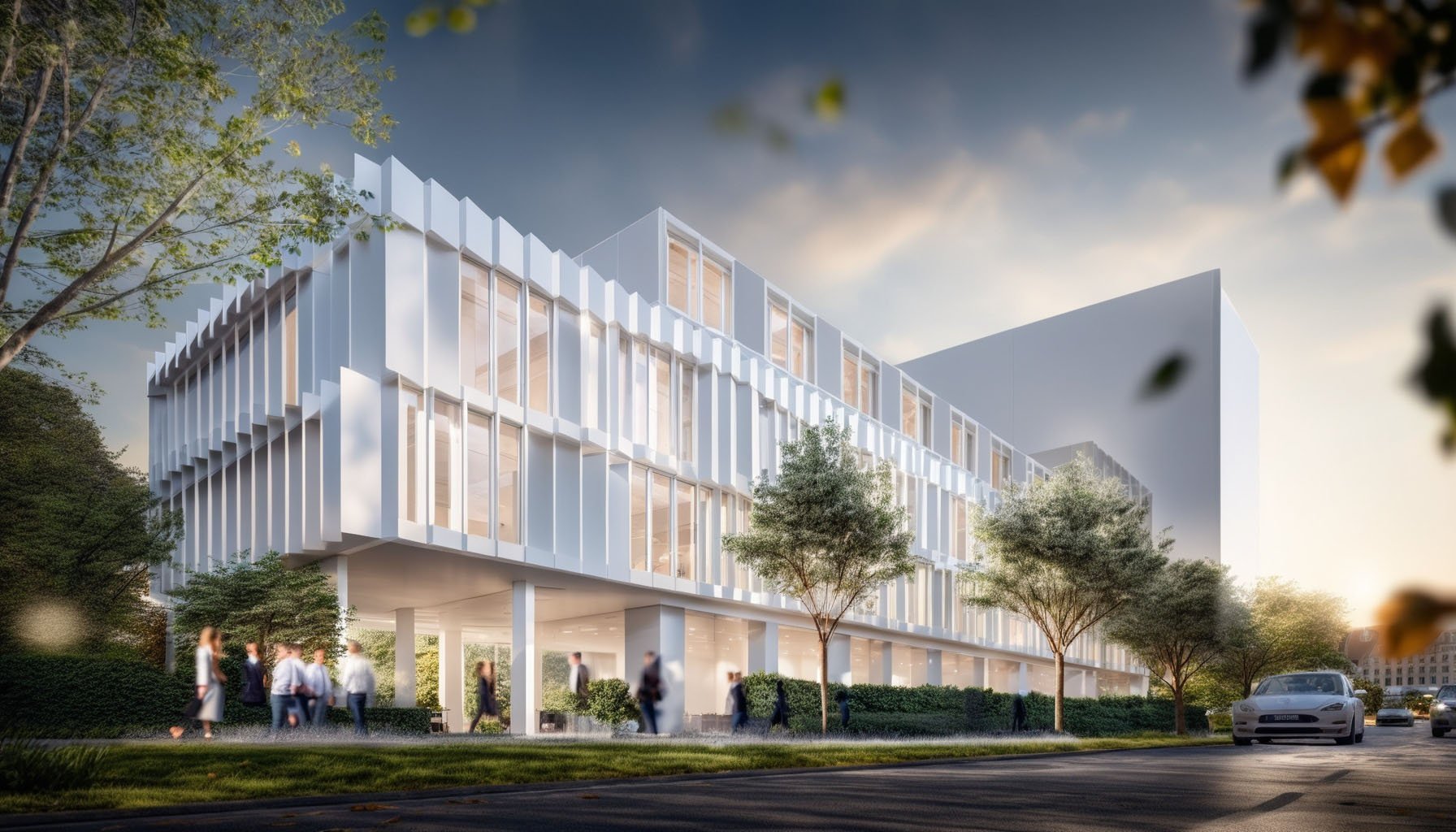 https://6852391.fs1.hubspotusercontent-na1.net/hubfs/6852391/Modern white office building with large glass windows%2c surrounded by trees%2c with people walking in the foreground and a car parked on the street..jpg